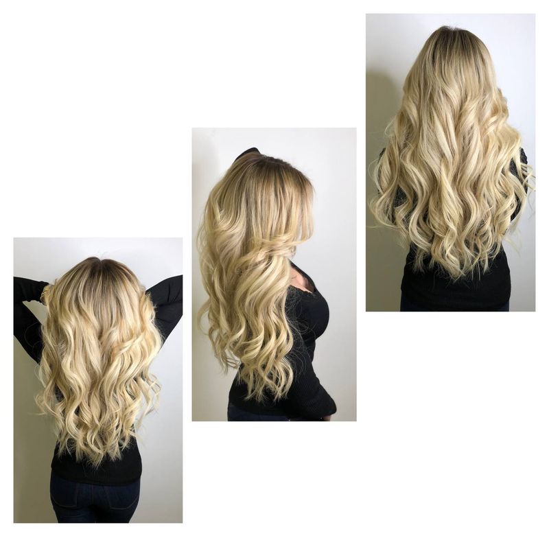 Наращивание волос: длинные волнистые золотистые волосы, разные ракурсы